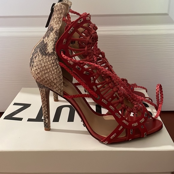 SCHUTZ Coral/Snake Skin Lace-Up Heels Size 7.5 - Picture 4 of 7